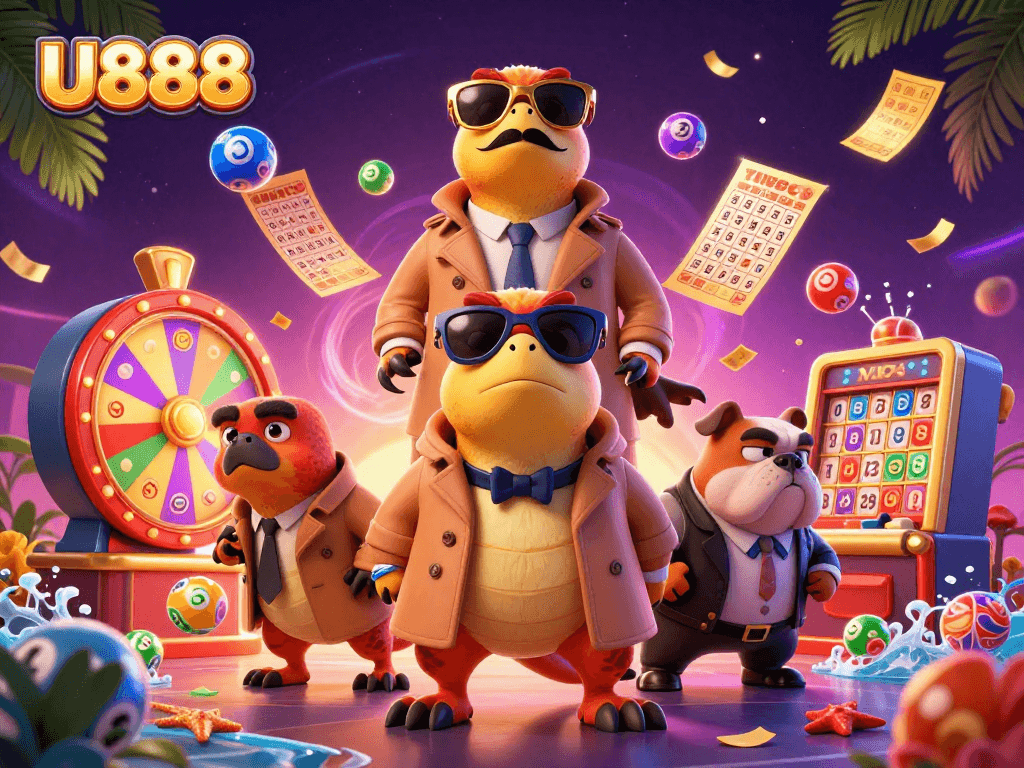 Engage with U888 as three raptors in disguise attempt entry to a VIP casino, surrounded by vibrant lottery elements.