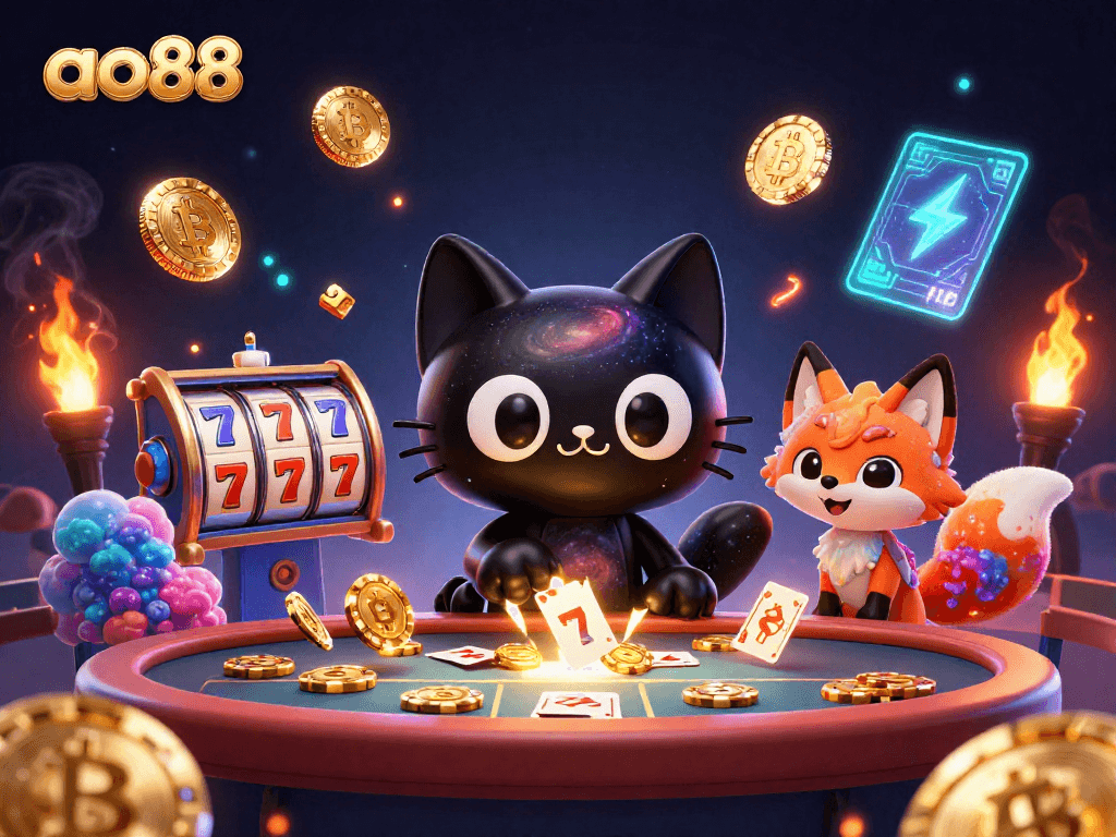 Spin the reels at ao88's cosmic casino with vibrant characters and glowing crypto coins.