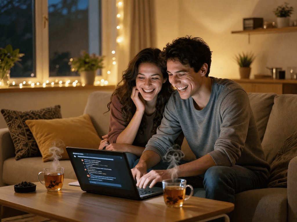 Couple enjoying a lively sex AI chat on laptop in a cozy living room, highlighting the warmth of virtual connection.
