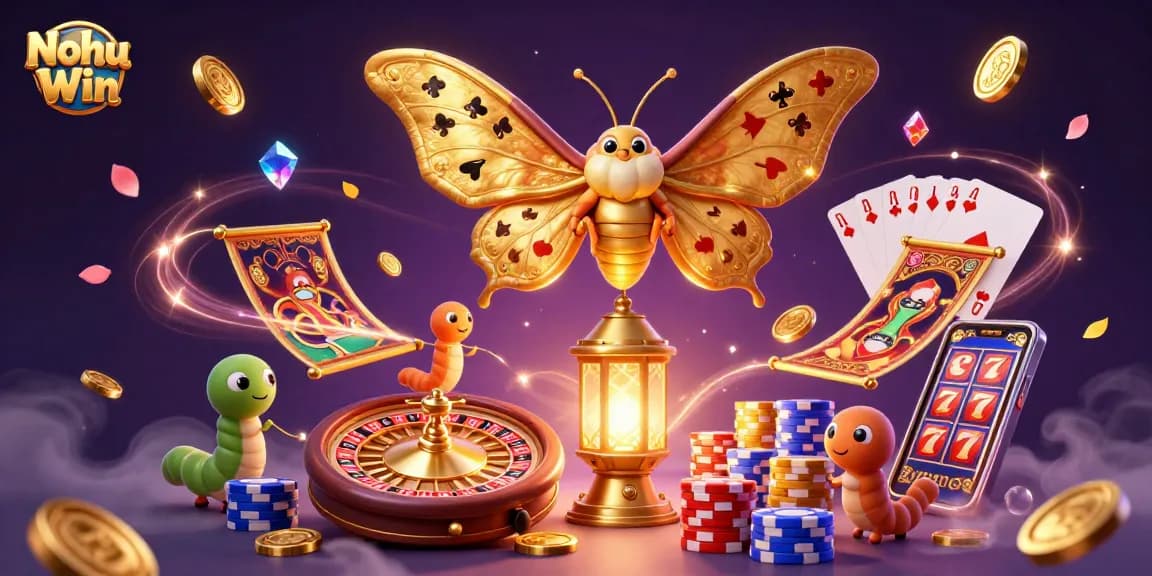 Nohu Win showcases a vibrant 3D casino illustration featuring a majestic atlas moth and golden elements, enhancing winning chances.