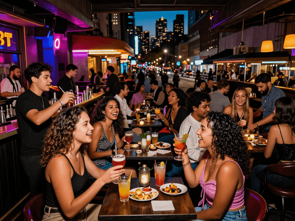 Gái gọi tại quán bar sôi động, bạn bè thưởng thức không khí đêm tươi vui, ánh đèn neon lung linh.