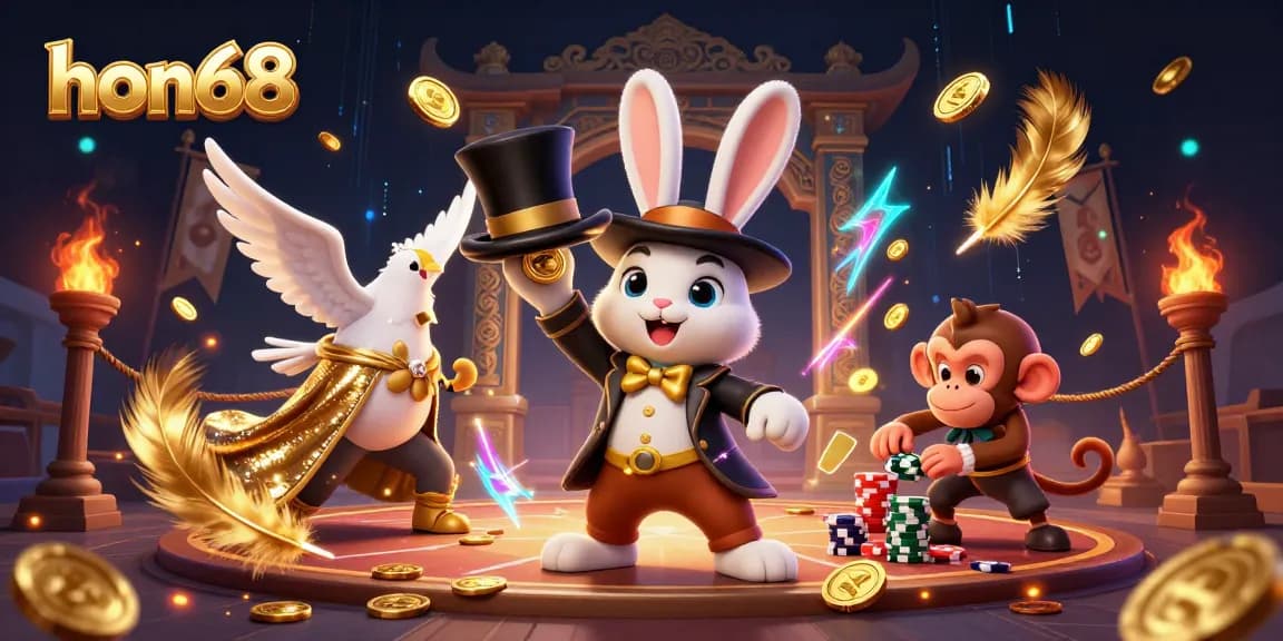 Experience the thrill of hon68 with a dynamic 3D scene featuring a magician rabbit, dove, and monkey in a vibrant casino environment.