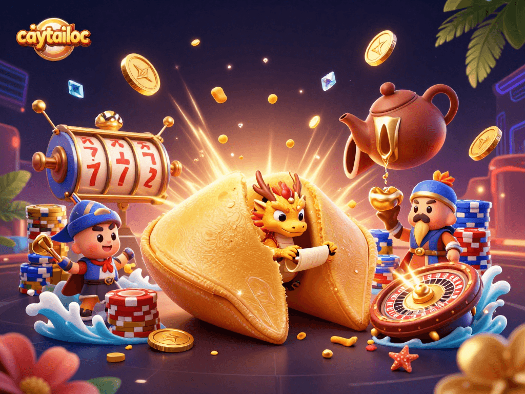 Experience the enchanting caytailoc with golden fortune cookie and slot machines, offering thrilling jackpot chances.