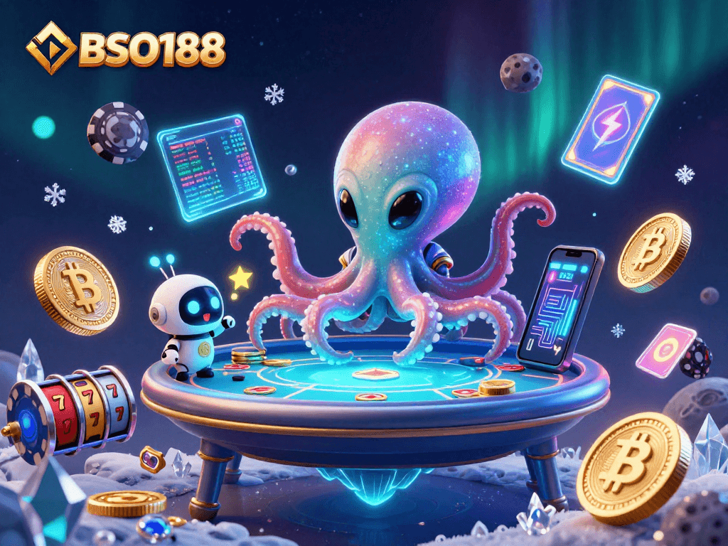 Experience the excitement of BSO188 as an alien octopus plays holographic poker amidst cosmic details.
