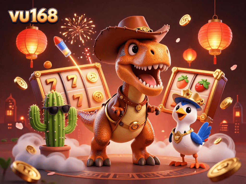 Spin and win with vu168 in this vibrant 3D casino scene featuring a T-Rex and casino-themed elements.
