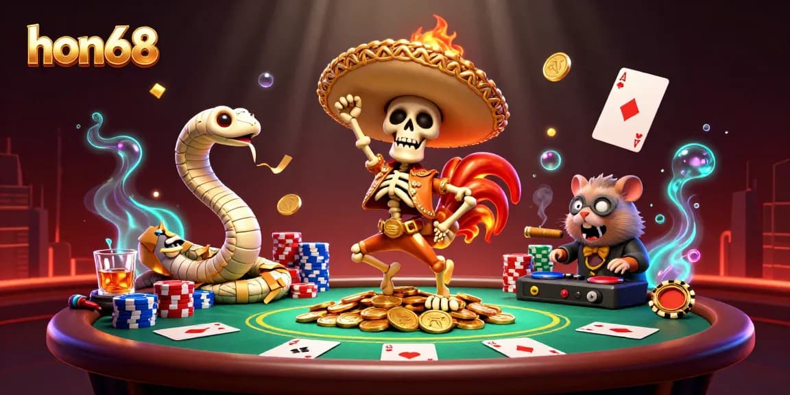 Experience excitement at hon68 with a lively casino scene featuring unique characters and vibrant gaming elements.