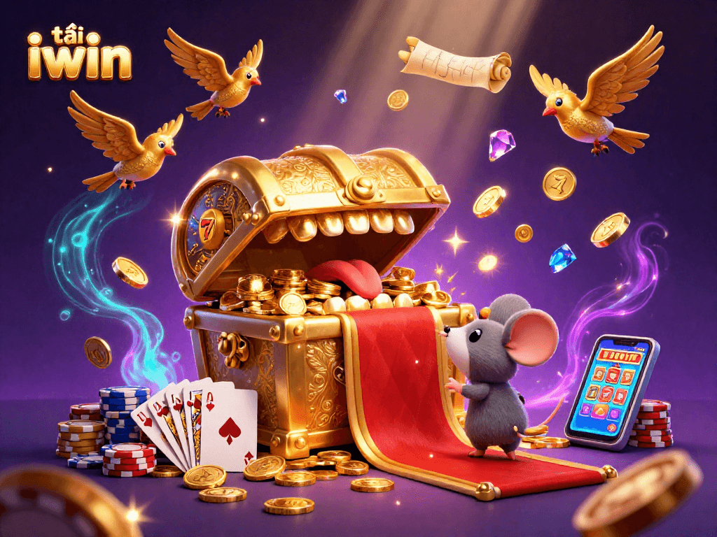 Tải iwin with adventure, featuring a cartoon treasure chest and slot machine excitement.