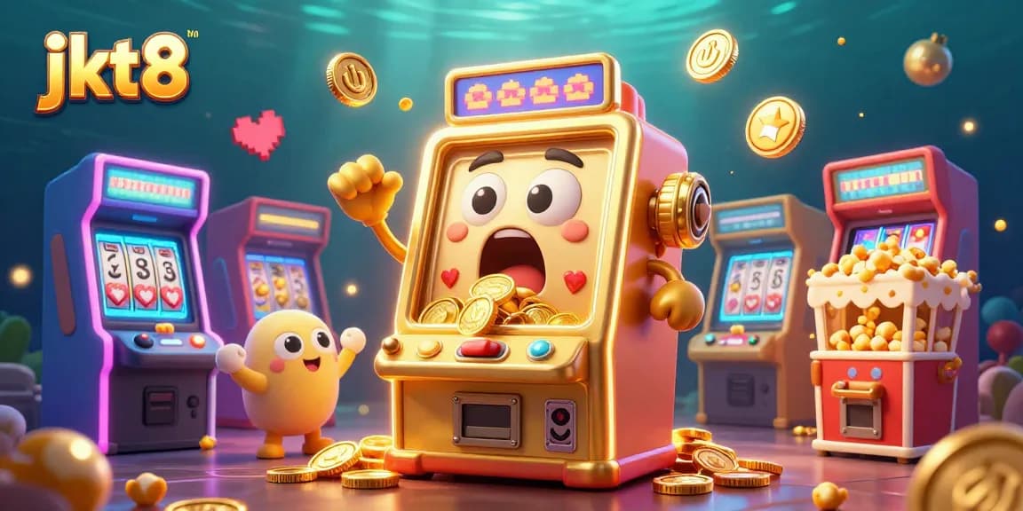 JKT8 menghadirkan mesin slot karakter 3D menarik dengan koin berjatuhan saat mendapatkan jackpot, dikelilingi mesin slot kecil lainnya.