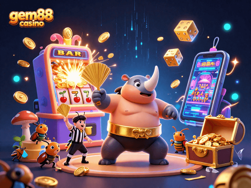 Experience excitement at gem88 casino with lively characters, slot machines, and vibrant visuals.
