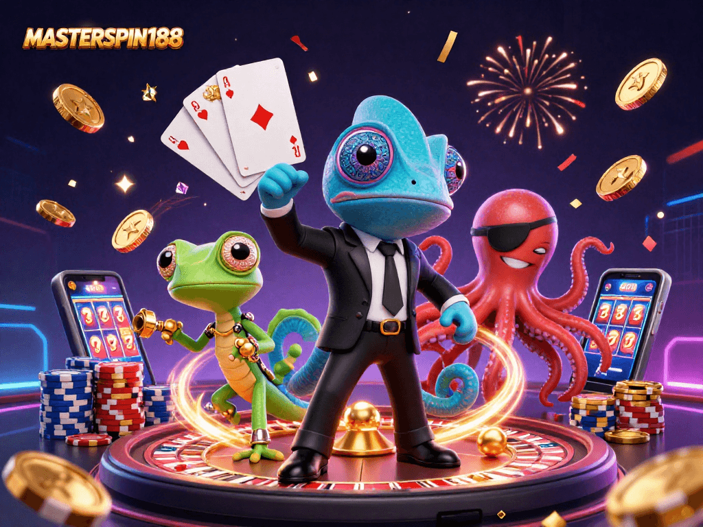 Activate thrilling gameplay with MASTERSPIN188, featuring a chameleon and gecko in an electrifying casino scene.