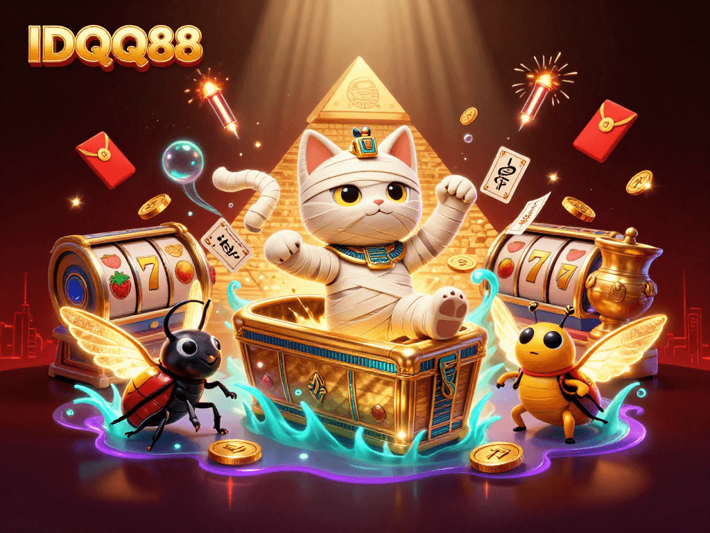Play slots dynamically with IDQQ88's vibrant casino scene showcasing exciting symbols and characters.
