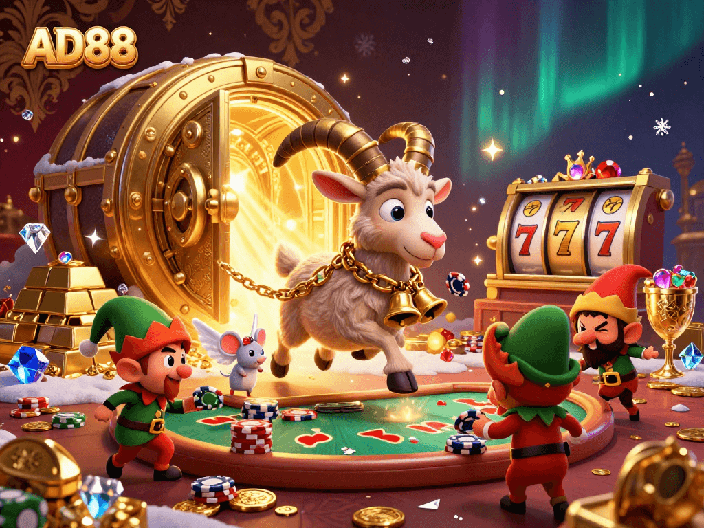 AD88 features a 3D Krampus goat managing a festive casino with angel mouse and naughty elf gremlins.