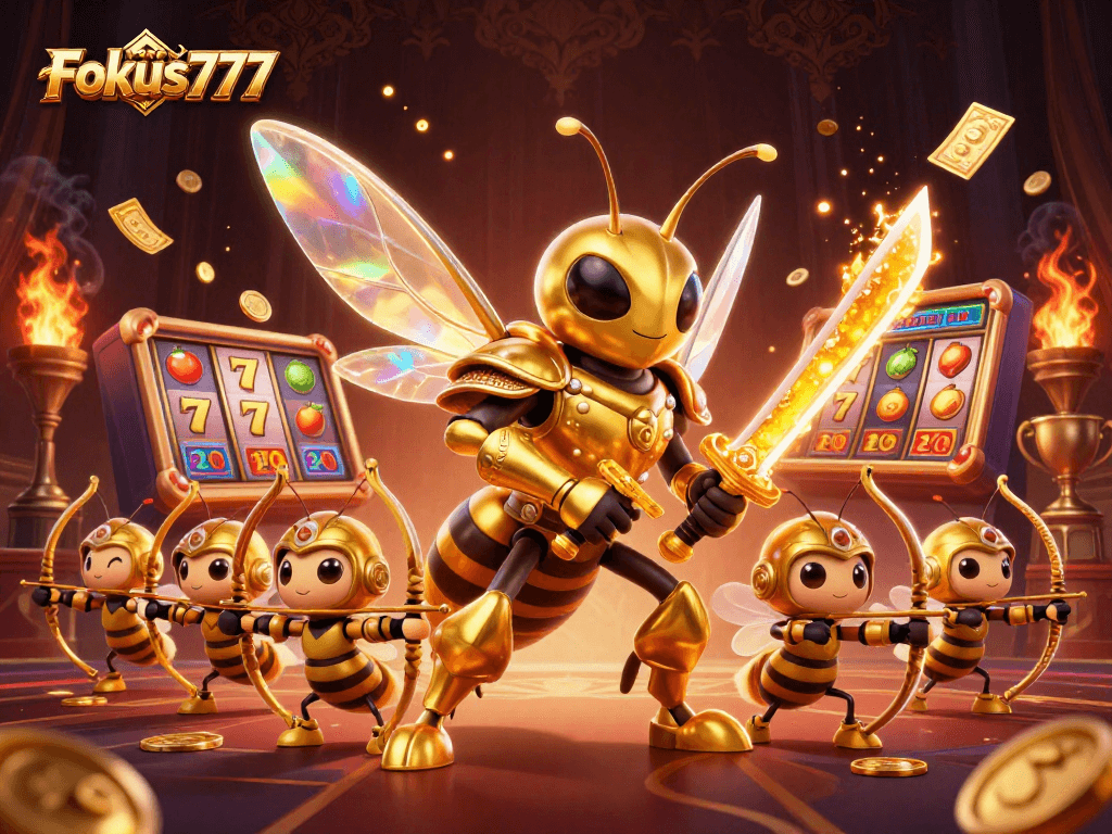 Engage with Fokus777 as a golden hornet and bee archers join in a thrilling casino adventure.
