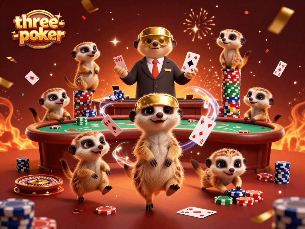 Experience exciting three-card-poker action with meerkats running a vibrant casino scene.