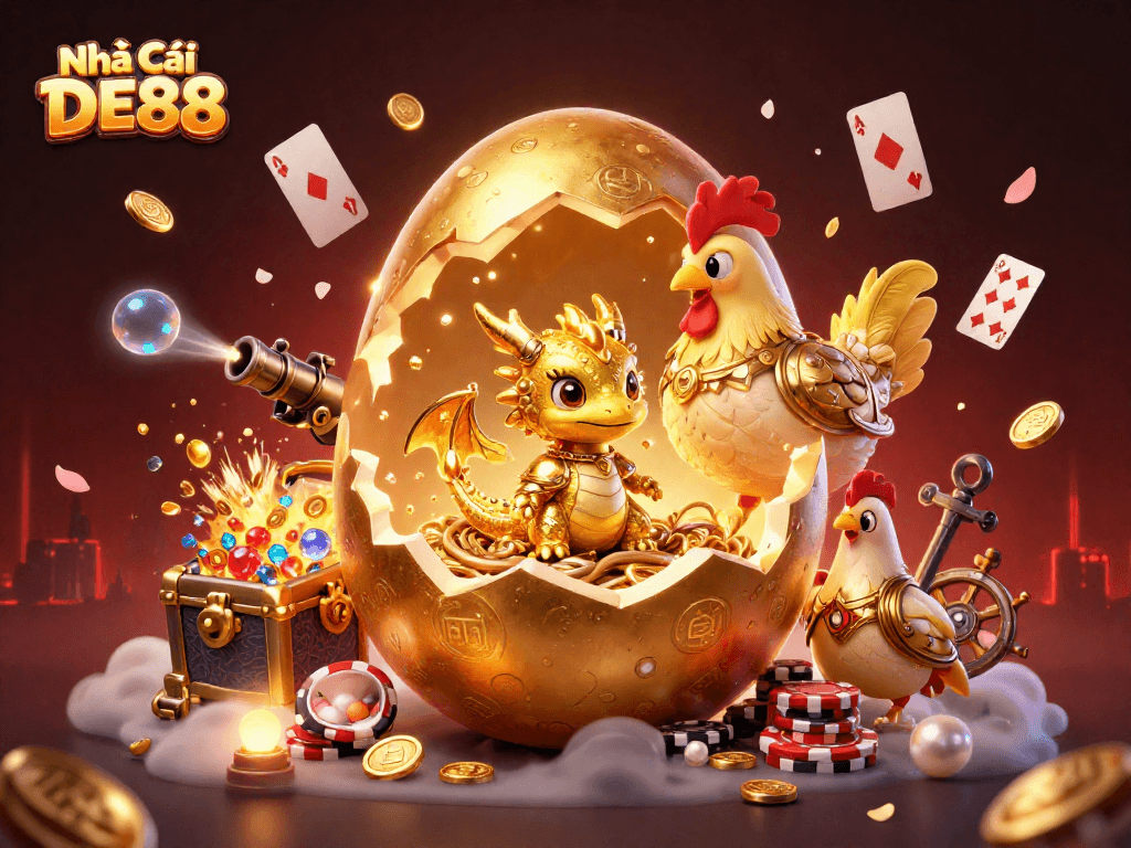 Engage with Nhà Cái DE88's epic casino adventure featuring a golden dragon and poker chips.