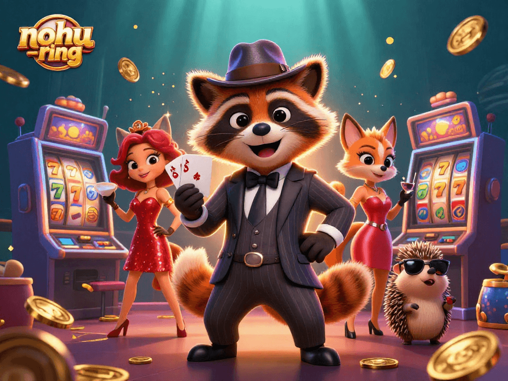 Win big with nohu-ring by spinning slots in an exciting casino scene featuring charming characters.