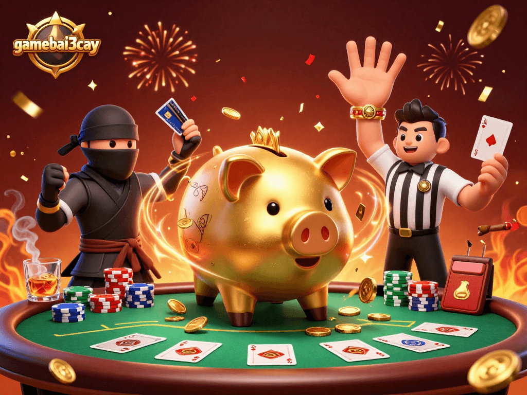 Engage with gamebai3cay as golden characters stomp amidst a lively poker scene filled with coins.