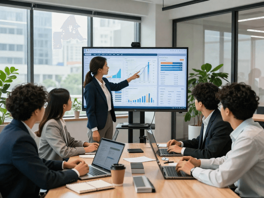 Team analyzing business growth metrics during a meeting, integrating slot qris for effective strategy.