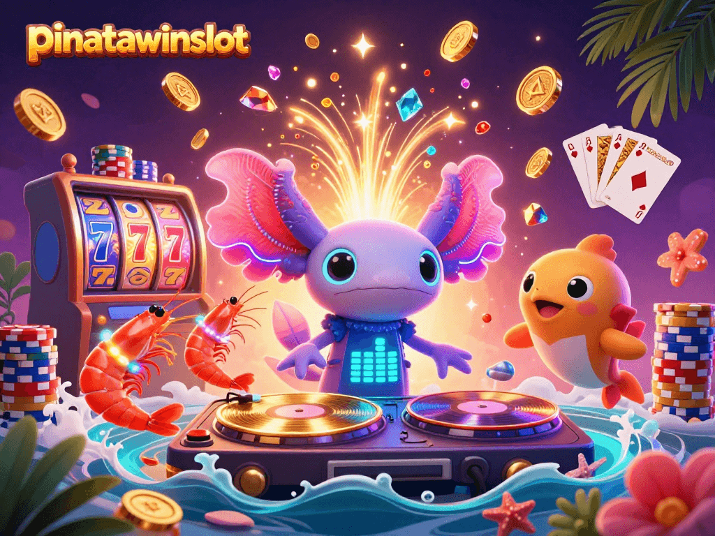Win big with pinatawinsslot as vibrant axolotl DJ spins reels alongside lively shrimp and a hype-man.