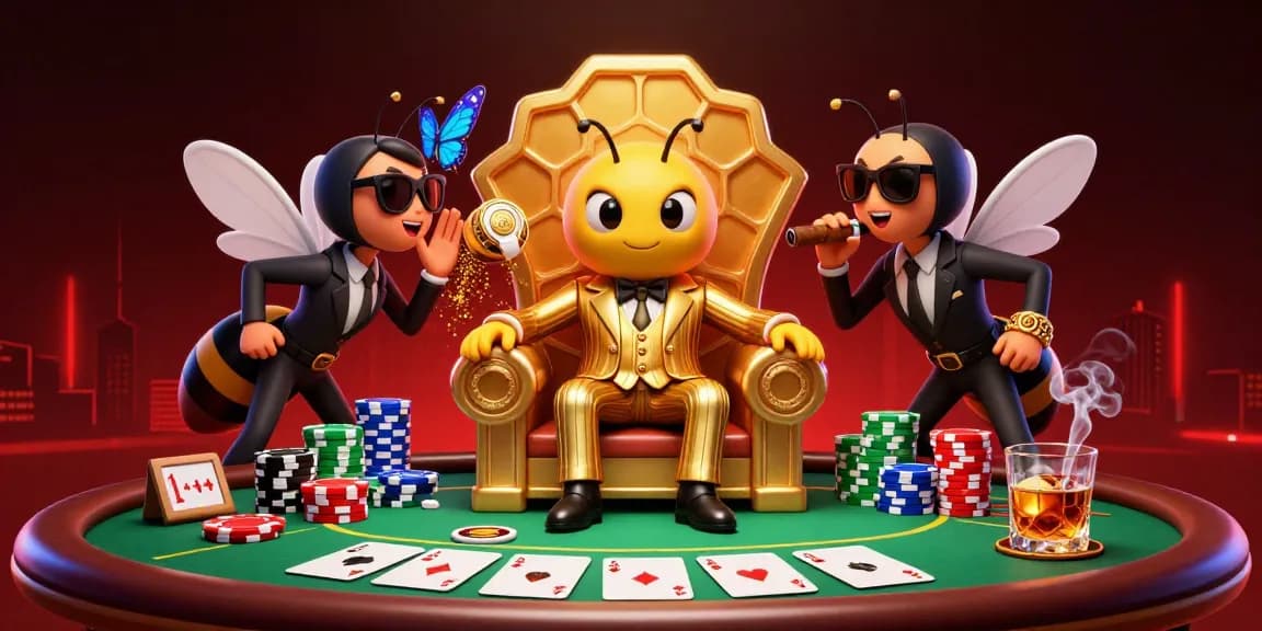 Engage with UFABRO's dynamic online casino scene featuring a bumblebee mob boss and poker elements.