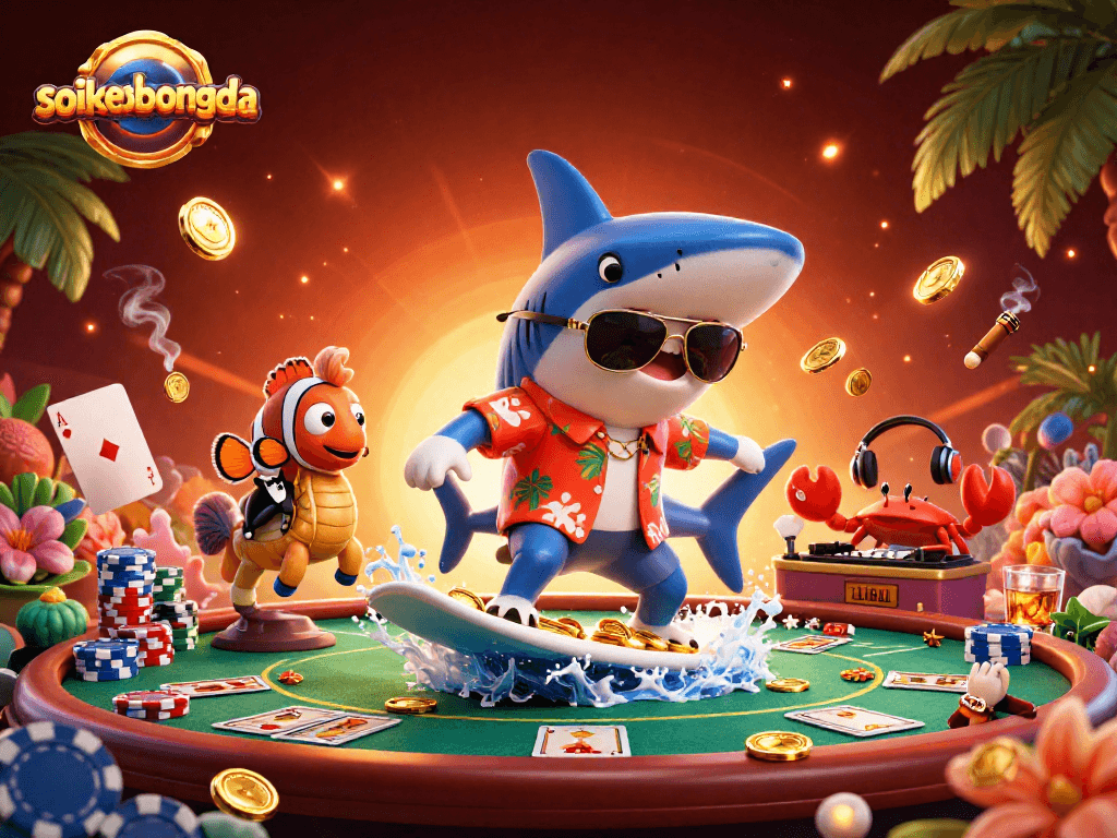 Experience the thrill with soikeobongda as the shark surfs on gold coins surrounded by poker elements.