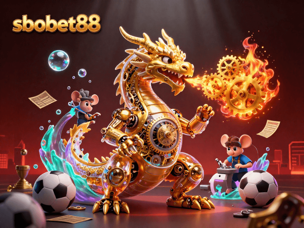 Experience sbobet88 sports betting excitement with a dynamic illustration featuring a golden dragon and vibrant game elements.
