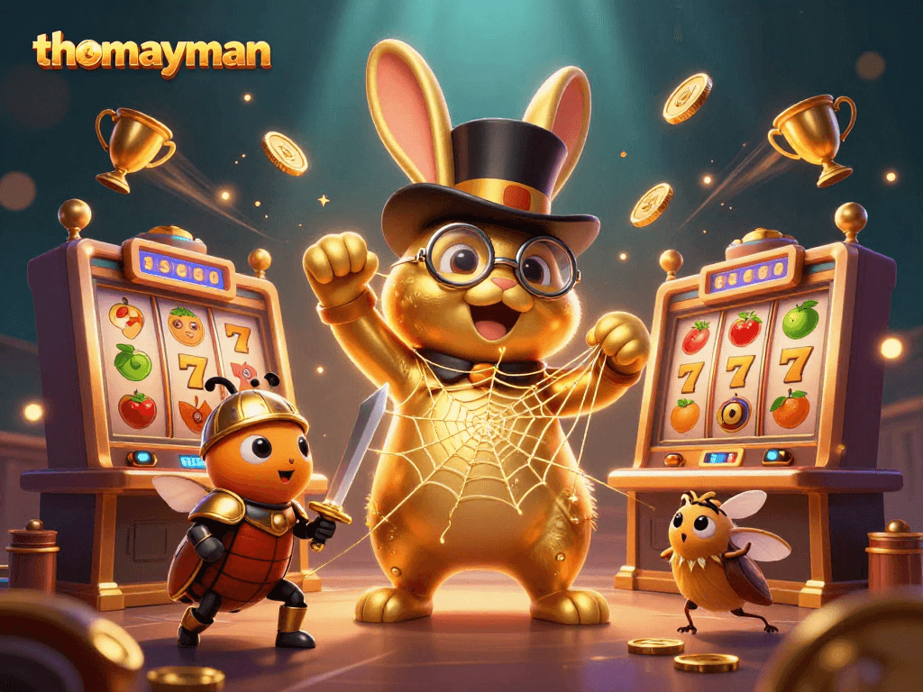 Experience the excitement of thomayman with vibrant casino elements and a golden rabbit character.
