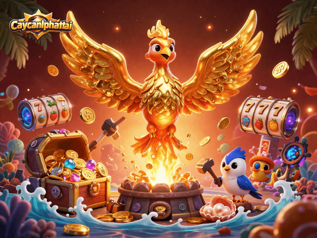 Caycanhphattai showcases a golden phoenix amidst explosive coins and slot reels, enhancing casino excitement.
