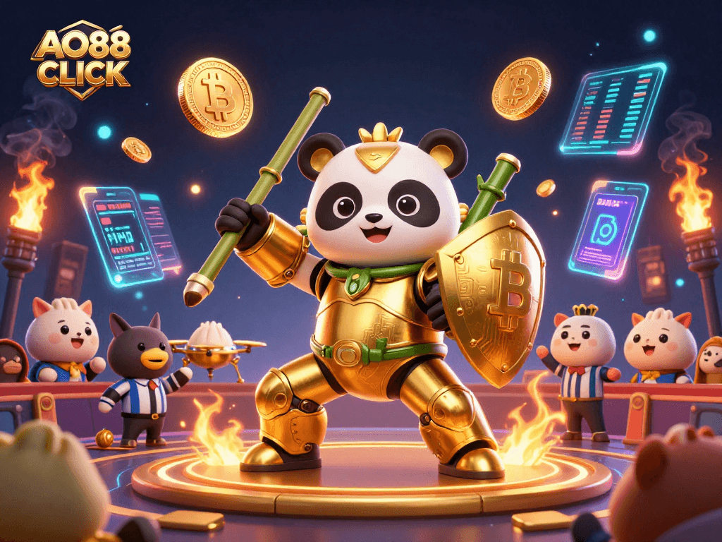 Engage in the thrilling world of AO88 CLICK as a golden panda battles in a vibrant casino arena.