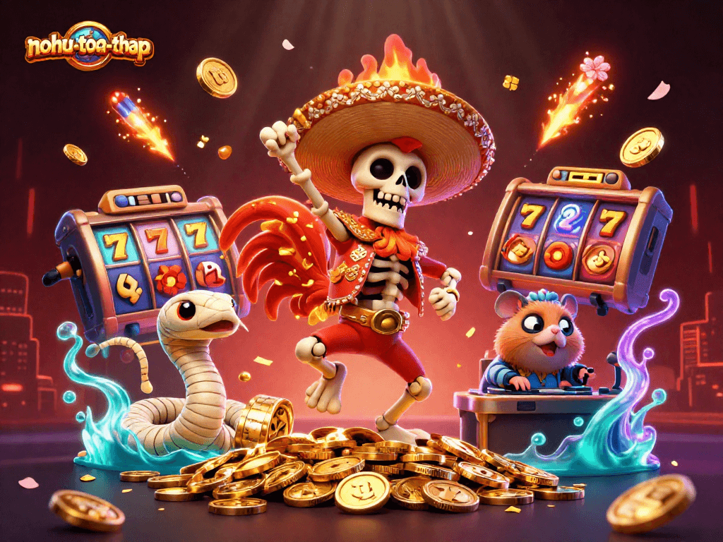 Engage with nohu-toa-thap as characters dance on coins amidst vibrant 3D casino elements.
