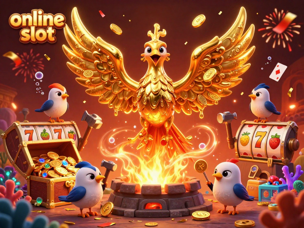 Experience excitement with the online slot scene featuring a golden phoenix and casino elements.