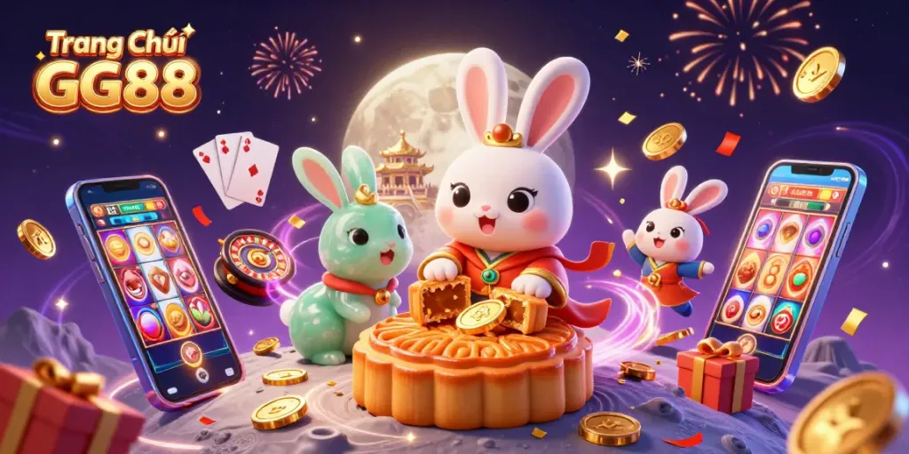 Win big at Trang Chủ GG88 with a vibrant illustration featuring characters and magical casino elements.