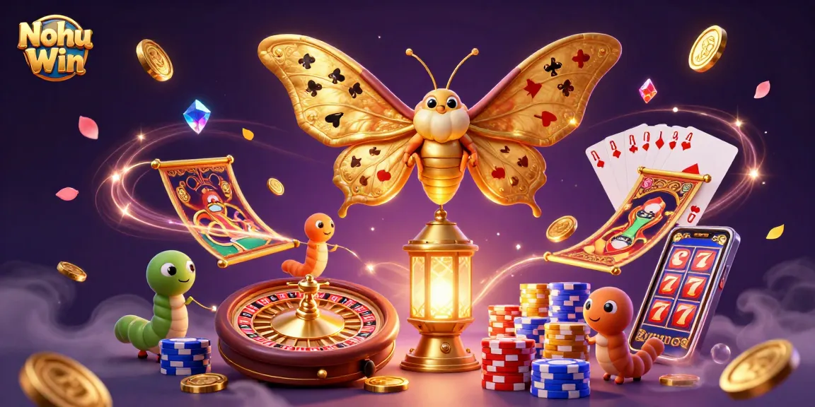Nohu Win showcases a vibrant 3D casino illustration featuring a majestic atlas moth and golden elements, enhancing winning chances.