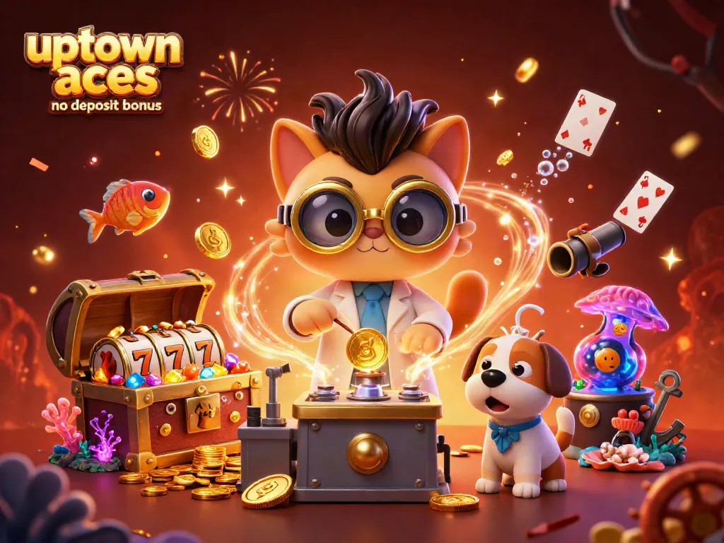Unlock the uptown aces no deposit bonus with this dynamic 3D casino scene featuring animated characters!