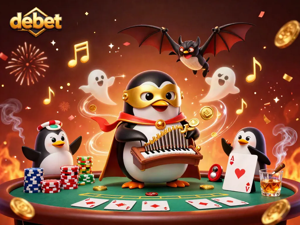 Debet penguin celebrates with golden coins and poker elements in an exciting casino scene