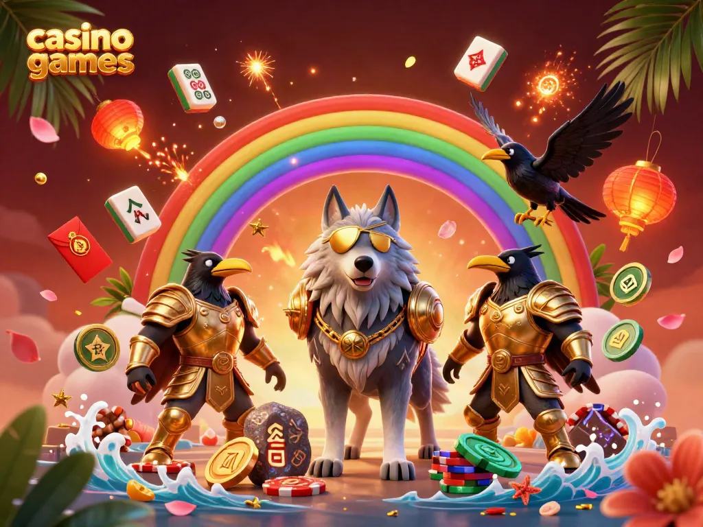 Engaging scene illustrating casino games with Odin and ravens, set against a vibrant casino bridge.