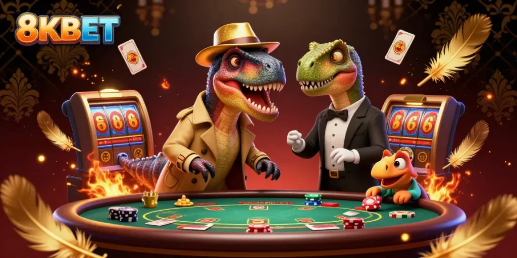 Experience the thrill of 8KBET as a velociraptor card counter blends into a blackjack scene filled with gambling excitement.