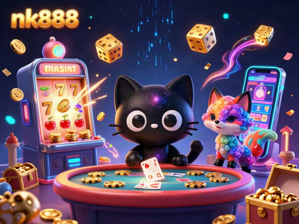 Experience winning moments with nk888 in an engaging cosmic casino scene with vibrant characters and slot game elements.