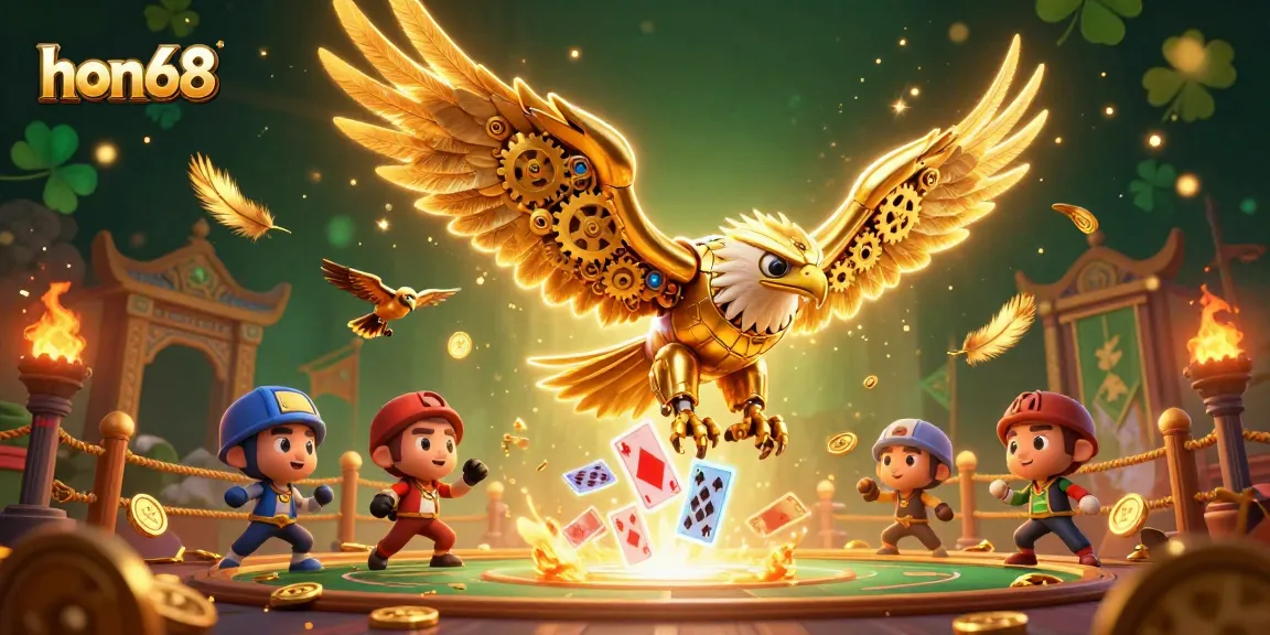 Experience the thrill of gaming with hon68's vibrant casino illustration featuring a cybernetic eagle surrounded by dynamic gaming elements.