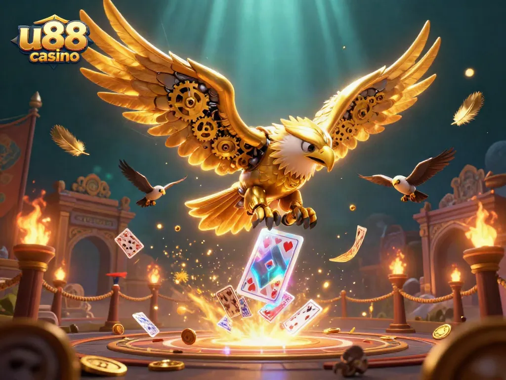 Experience thrilling moments at u88 casino with a cybernetic eagle amidst breathtaking 3D gaming elements.
