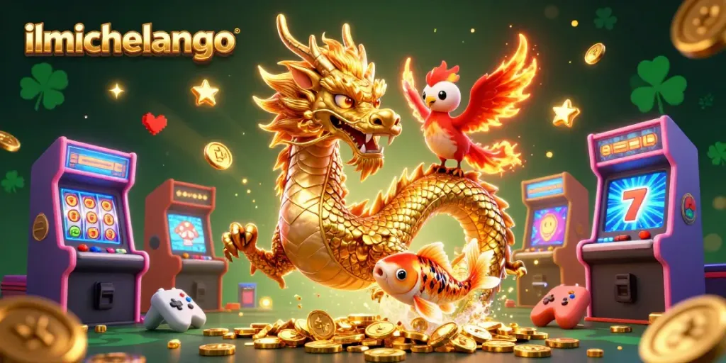 Engage with ilmichelangelo's dynamic casino fantasy, featuring a dragon, phoenix, and koi fish amid vibrant gaming elements.