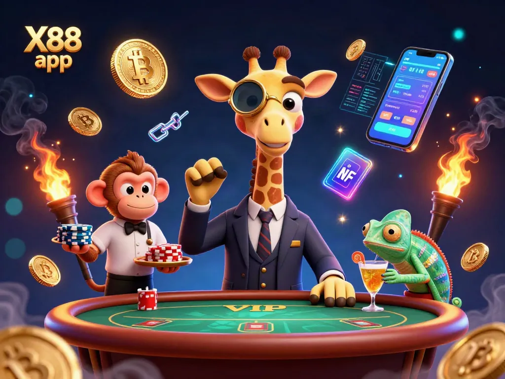 Experience the excitement of the X88 app with a vibrant casino scene featuring colorful characters and digital elements.