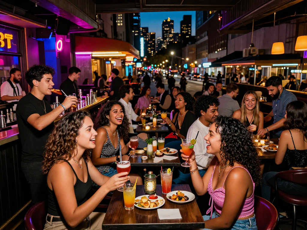 Gái gọi tại quán bar sôi động, bạn bè thưởng thức không khí đêm tươi vui, ánh đèn neon lung linh.