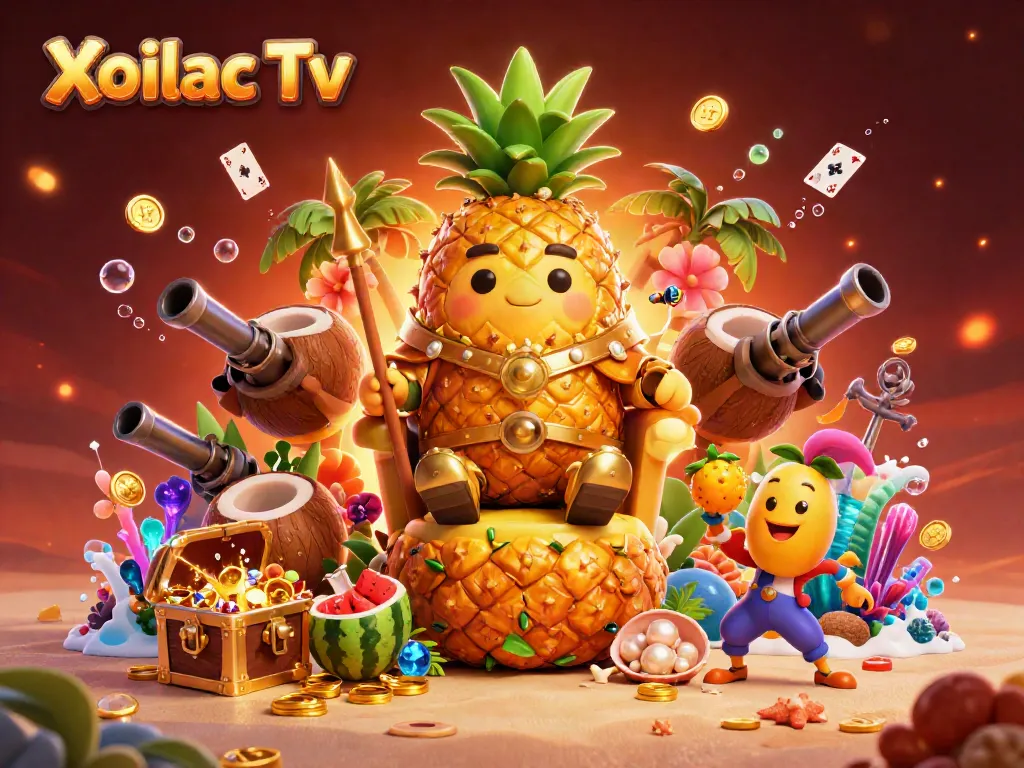 Xoilac Tv promotes exciting online gambling experiences with a colorful and rich casino scene featuring a golden pineapple king.