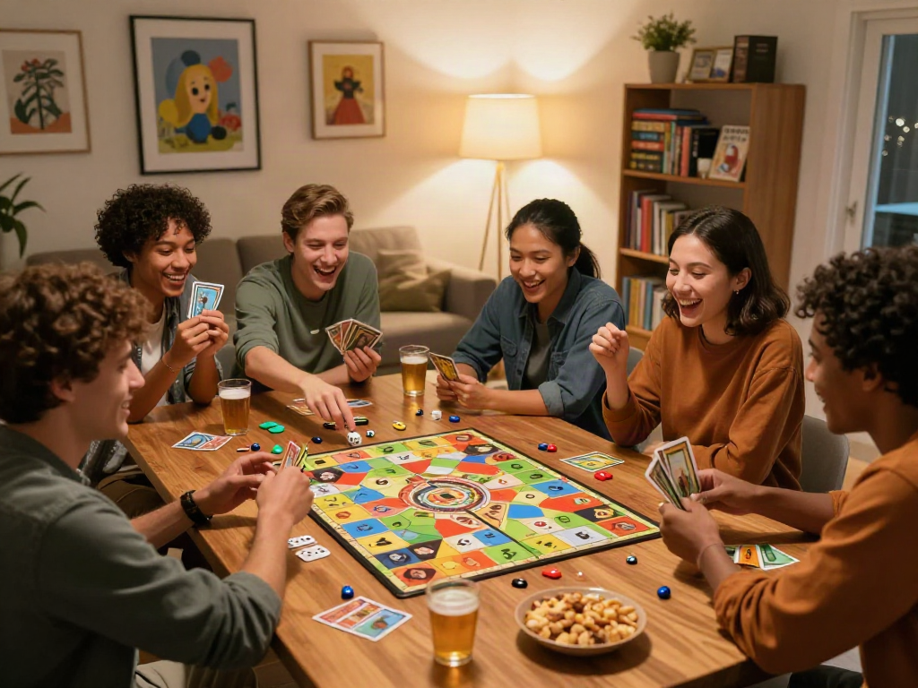 Friends enjoying sex games in a cozy living room during a game night, showcasing laughter and excitement.