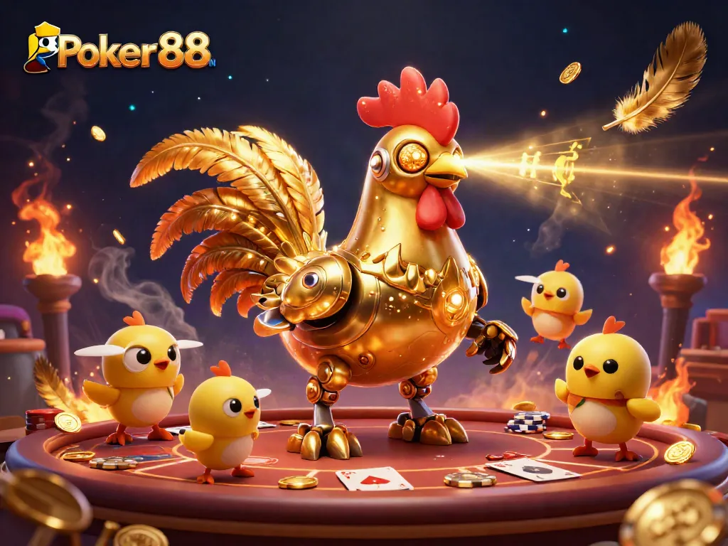 Poker88 IDN showcases a dynamic casino scene with a golden rooster robot and baby chick drones, emphasizing poker excitement.