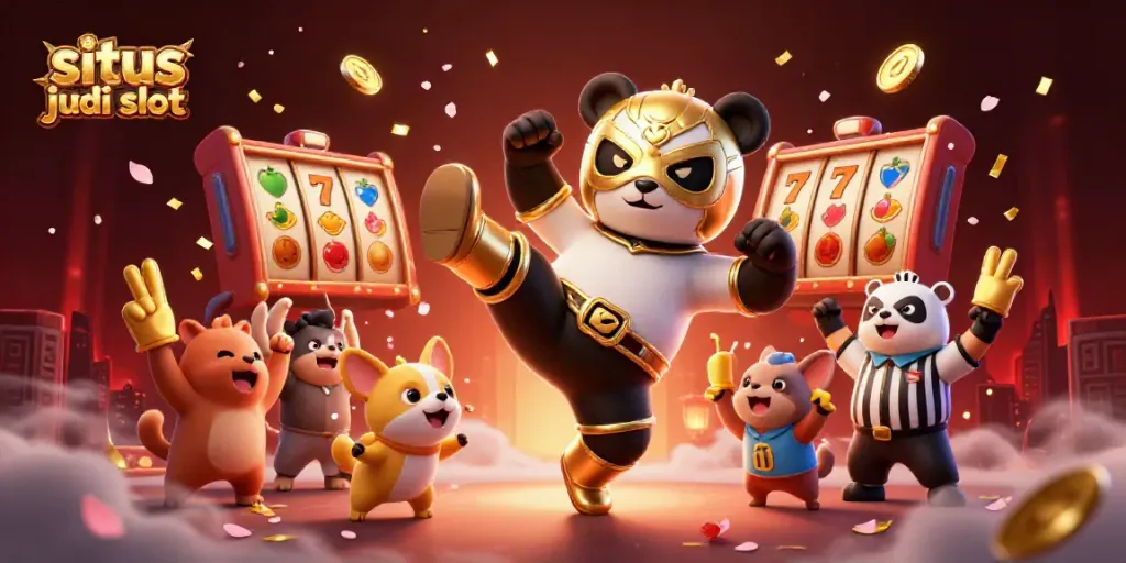 Gambarkan aksi menarik dari situs judi slot dengan panda dan chihuahua di arena kasino.