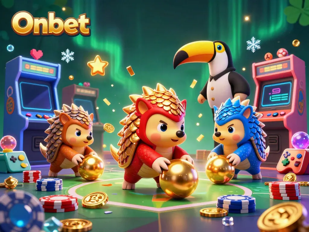 Onbet showcases rival pangolins rolling into golden balls amid casino chips in a vibrant, animated scene.