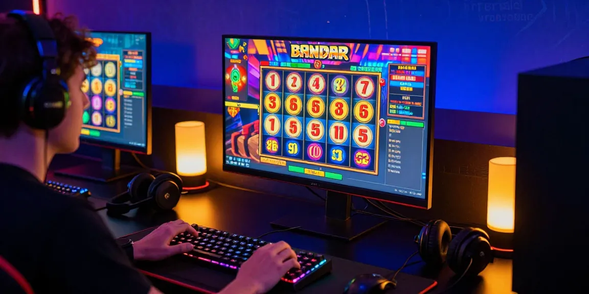Engaging gamer focused on bandar slot game with vibrant accessories in a dynamic gaming setup.