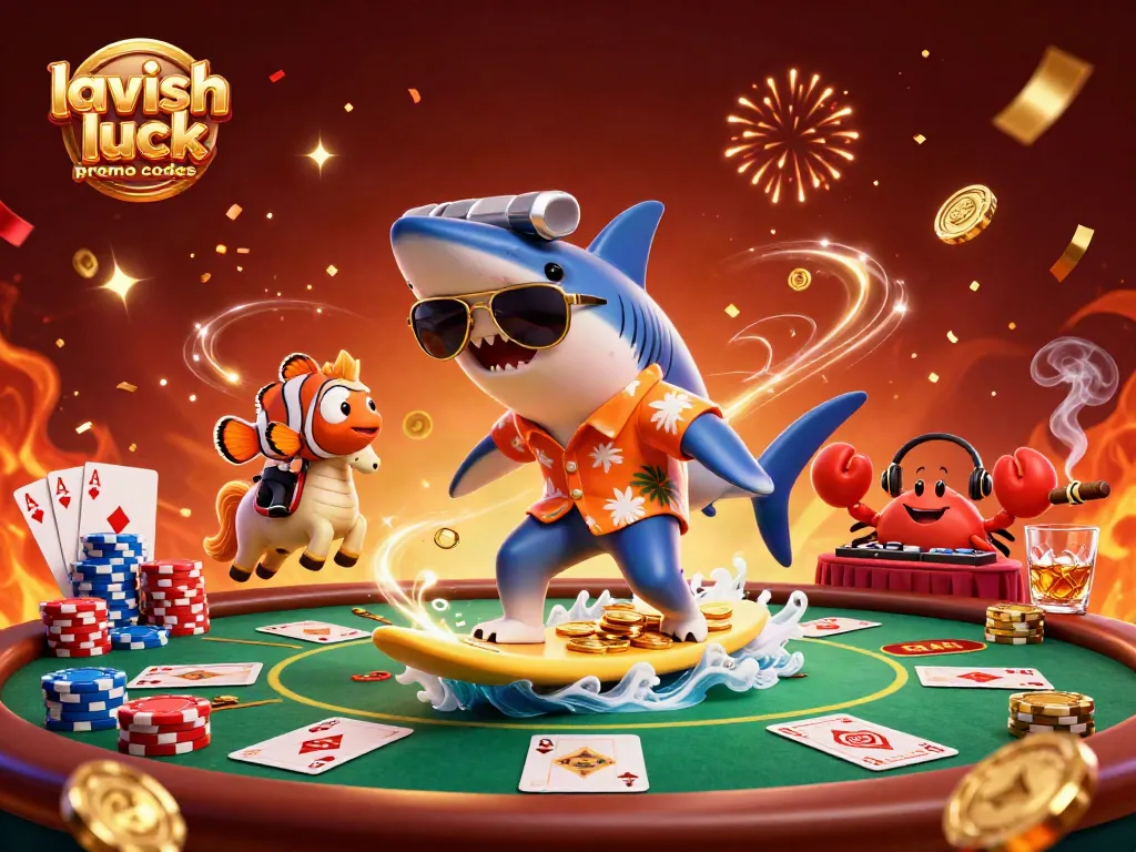 Surf with lavish luck promo codes, featuring a shark, clownfish, and crab, amidst casino excitement.